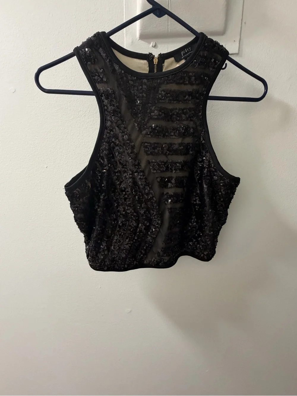 Privy Black Sequin Mesh Sleeveless Crop Top - Picture 2 of 4